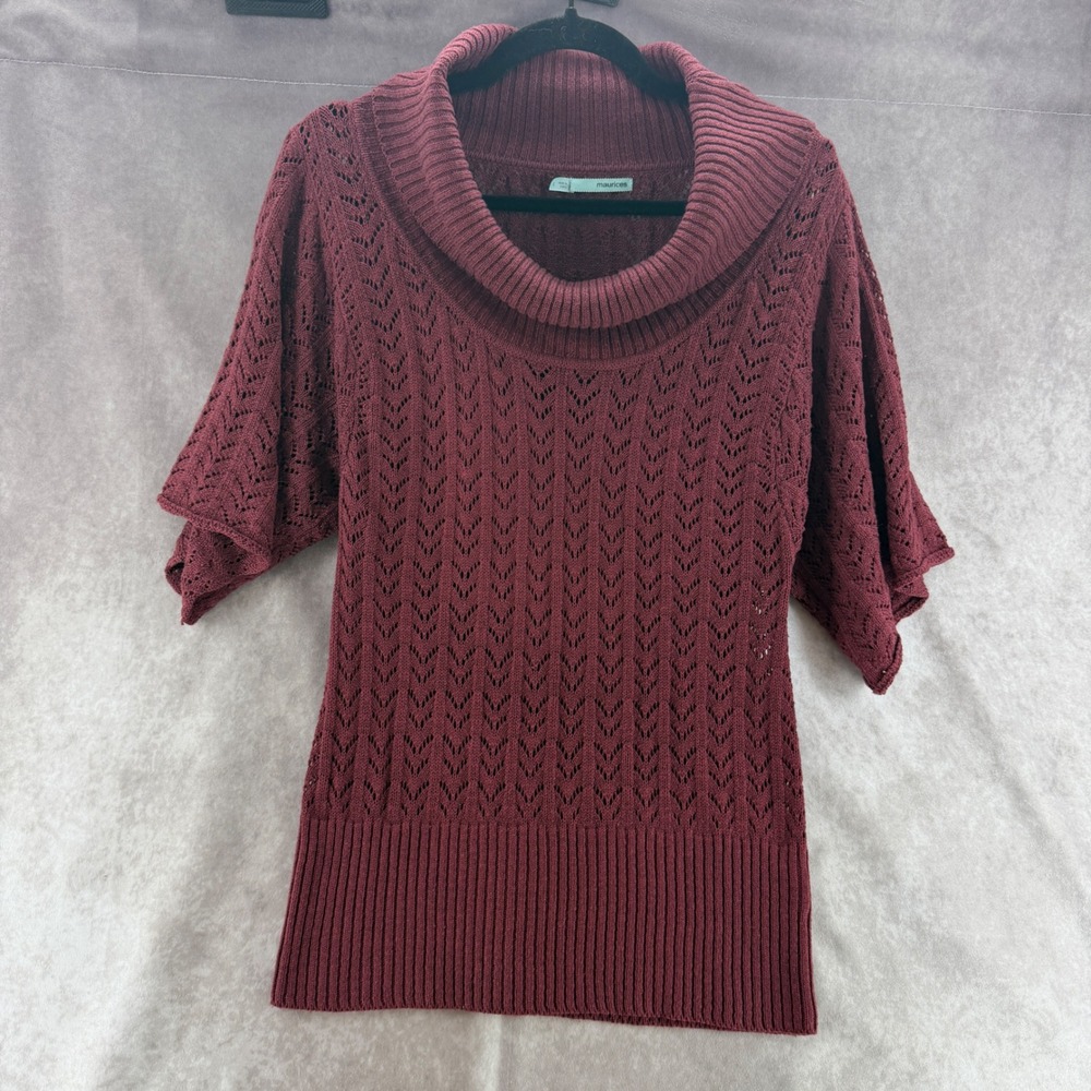 Maurices Womens Burgundy Pointelle Cowl Neck Short Flutter Sleeve Knit Sweater L